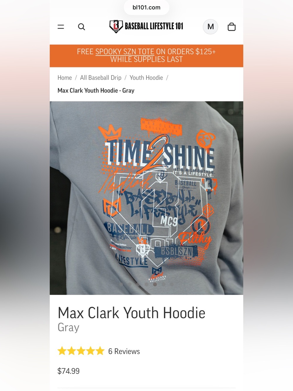 BSBL 101 Max Clark Youth Hoodie - Gray NWT